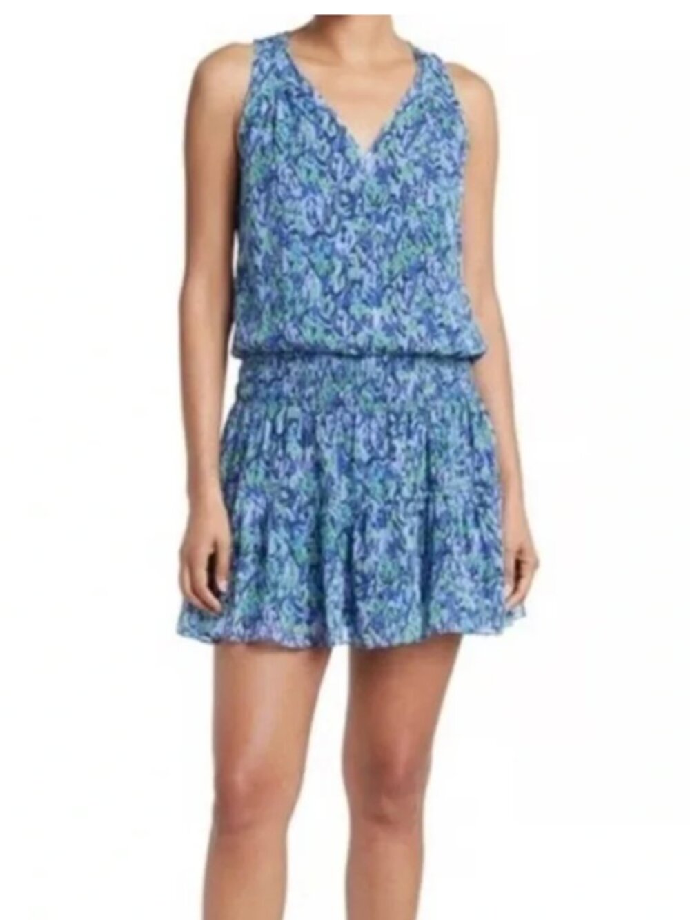 Ramy Brook Perry Blue Abstract Print Blouson Mini Dress Resort Boho Small